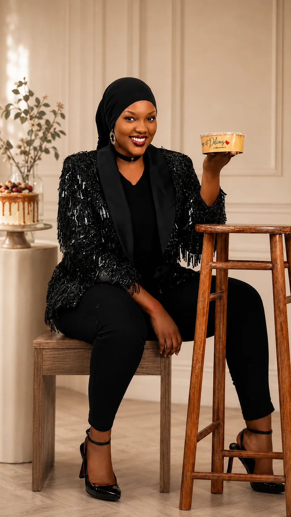 Khoudia in a sequined black blazer, smiling, holding her signature Delicacy cup.